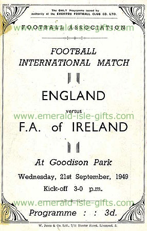 Programme cover print Ireland V England 1949, Goodison Park Programme cover print Ireland V England 1949, Goodison Park
(England 0 Ireland 1)