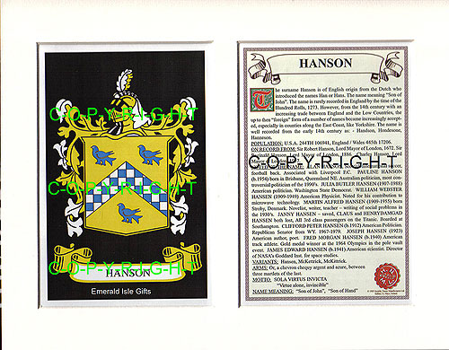 Hanson Family Crest and Name History