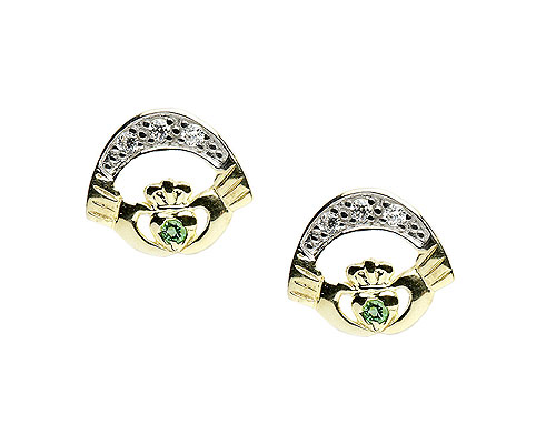 10K  Gold CZ / Agate Set Claddagh Earrings Irish