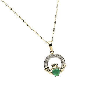 10K Gold CZ / Agate Celtic Design Claddagh Pendant